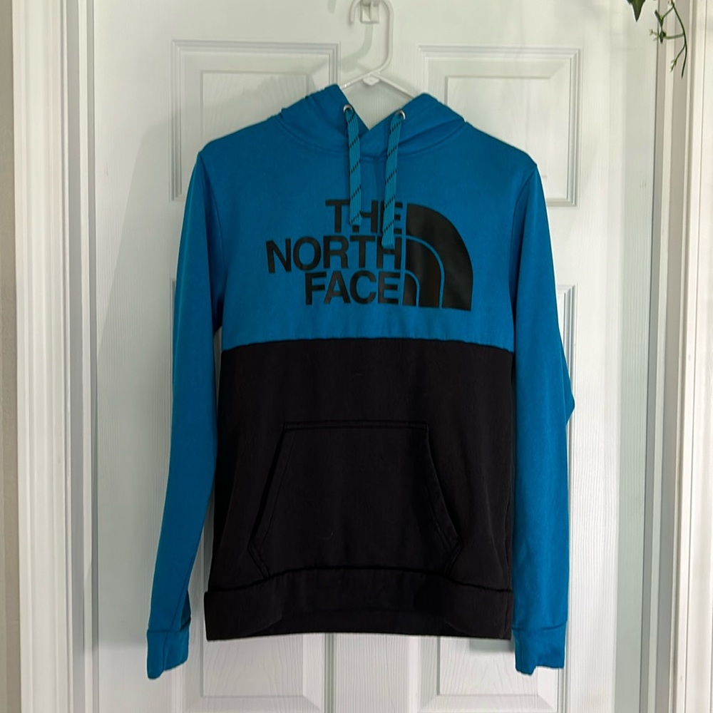 | The North Face Mens Hoodie Black Blue Small Fleece Sweatshirt Big Logo